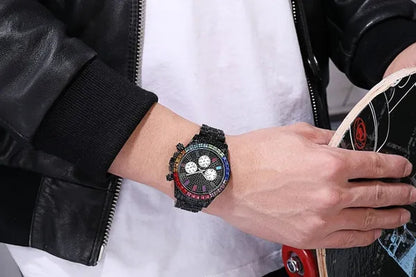 Men Watch Luxury Brand Mens Gold Men Watch Quartz Clock Chronograph Colorful Diamond Steel Iced Out Watch Reloj Hombre