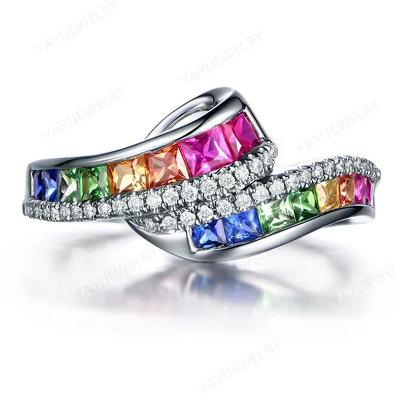 Princess  silver cut Ruby Emerald & Sapphire & Topaz & Ruby Multicolor Natural Gemstone Engagement Bride Ring Jewelry