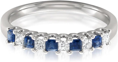 Prong-Set 1/2 CT Princess Cut Natural Diamond & Blue Sapphire Wedding Band (H-I, I1-I2) in 14K White Gold | Fine Jewelry for Women Girls | Gift Box Included