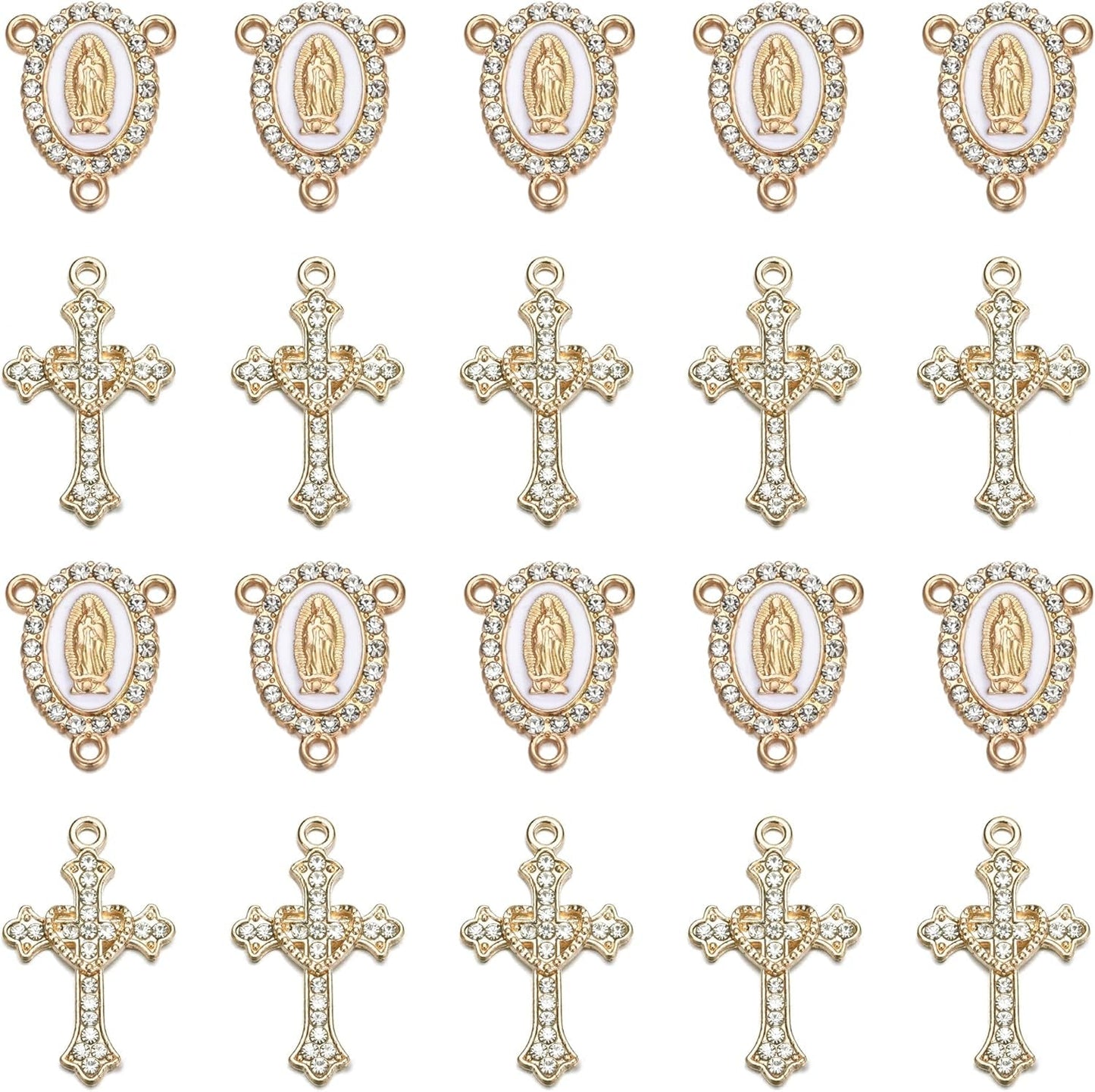 20 Piece Set Rhinestone Cross Connectors and Pendants for Jewelry Making (Gold)