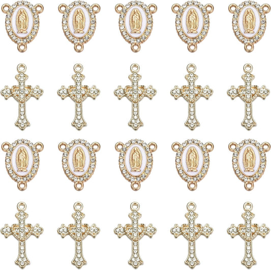 20 Piece Set Rhinestone Cross Connectors and Pendants for Jewelry Making (Gold)
