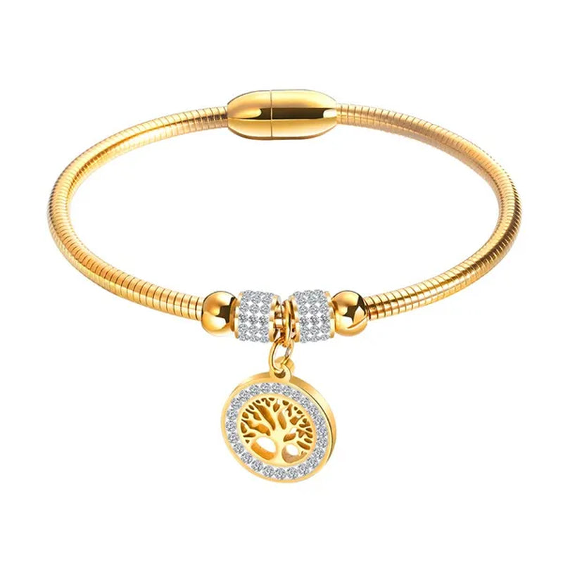 Gold Plated Tree of Life Bangle Bracelet Women Stainless Steel Family Tree Charm Bracelets with AAA Rhinestones & Magnetic Buckle