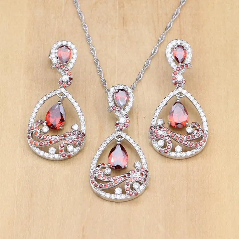 925 Silver Jewelry Sets Black Sapphire White Topaz Decoration For Women Party Earrings/Pendant Necklace Set