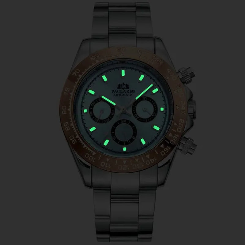Automatic Watches Self Wind Mechanical Gold Stainless Steel Glacier Ice Blue Dial Chestnut Brown Bezel Luminous Men Watch
