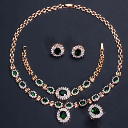CANDICE Dubai Wedding 4 Pieces Set Elegant Red Zirconia Paved Yellow Gold Plated Engagement Party Ring Earrings Bracelet Necklace Sets for Women