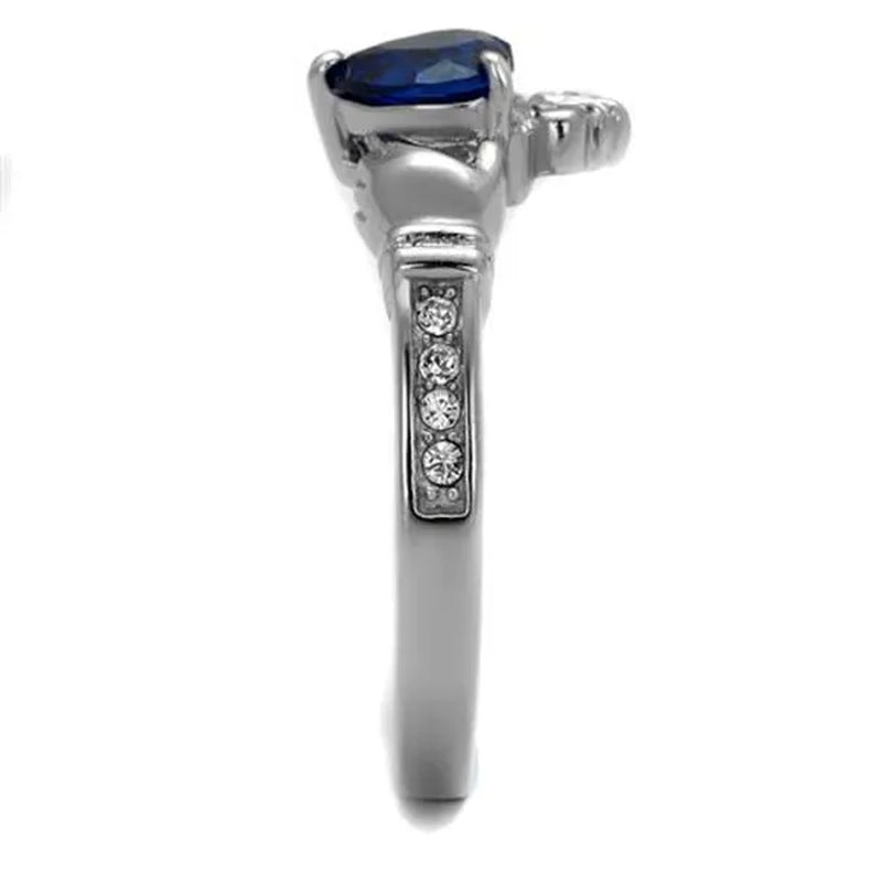 Heart Shape London Blue CZ Stainless Steel Irish Claddagh Ring Women's Size 5-10