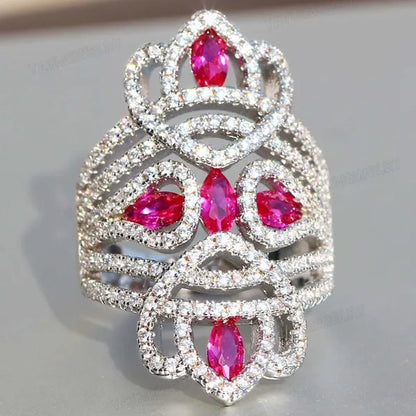 Silver Natural Gemstones White Sapphire & Ruby Ring Birthstone Bride Wedding Engagement Multilayer Princess Cross Ring Size 6 7 8 9 10