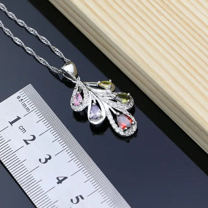 925 Silver Bridal Jewelry Sets Multicolor Topaz Charm for Women Party Plant Design Ring Bracelet Set