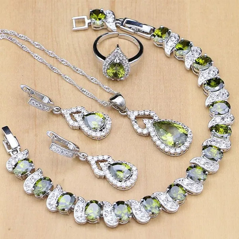 925 Silver Jewelry Sets Blue Sapphire White Topaz Open Rings Earrings Pendant Necklace Bracelet for Bridal Women