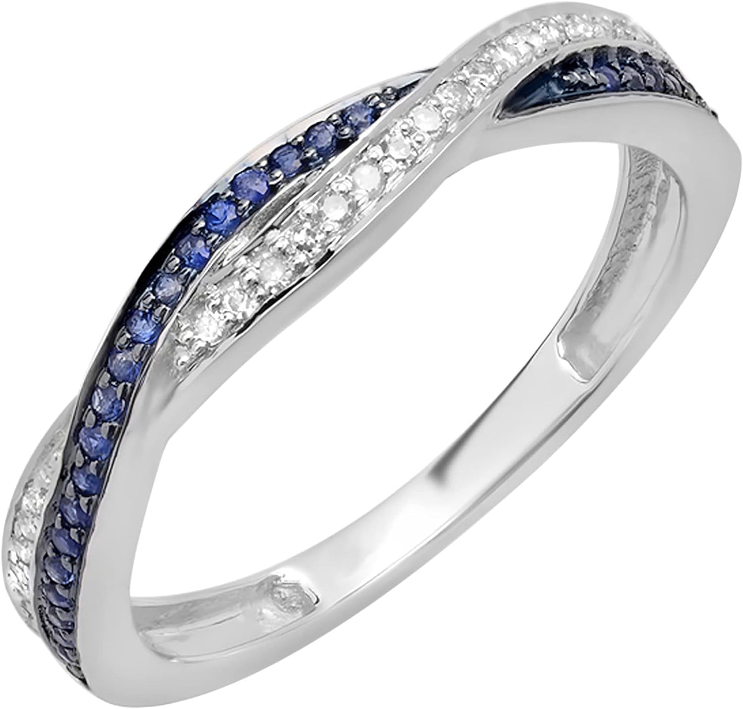round Blue Sapphire & White Diamond Swirl Wedding Ring for Women in Gold