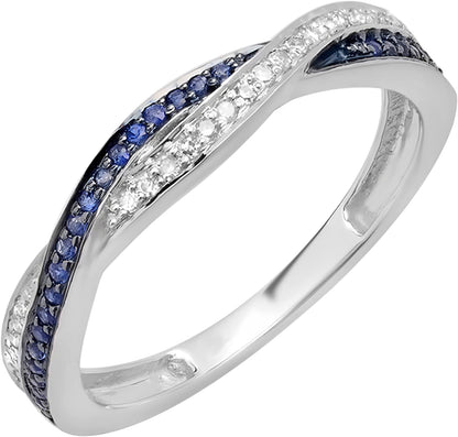 round Blue Sapphire & White Diamond Swirl Wedding Ring for Women in Gold