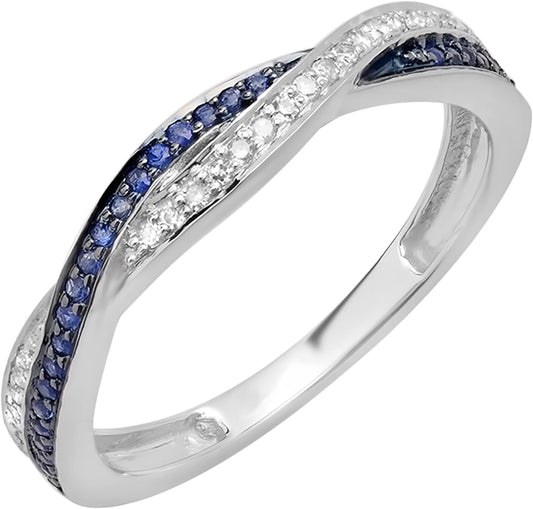 round Blue Sapphire & White Diamond Swirl Wedding Ring for Women in Gold