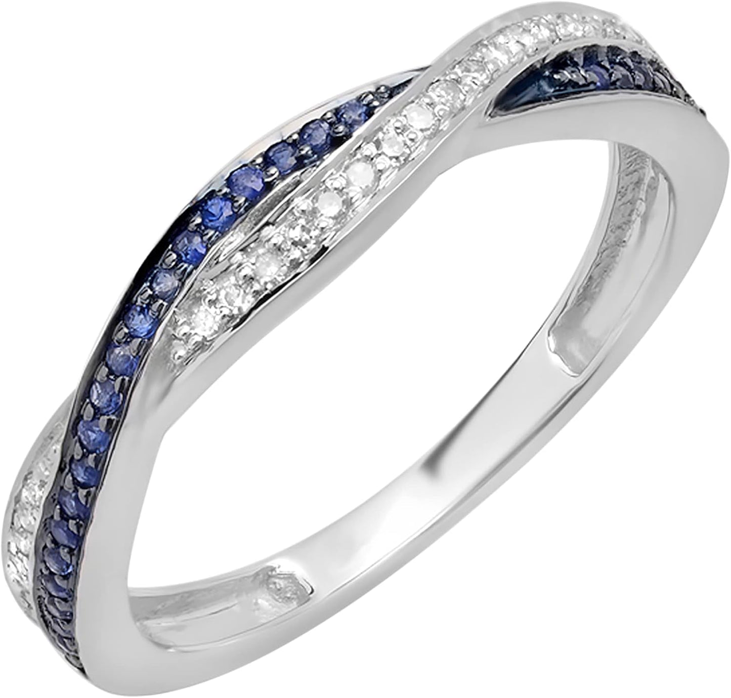 round Blue Sapphire & White Diamond Swirl Wedding Ring for Women in Solid Gold