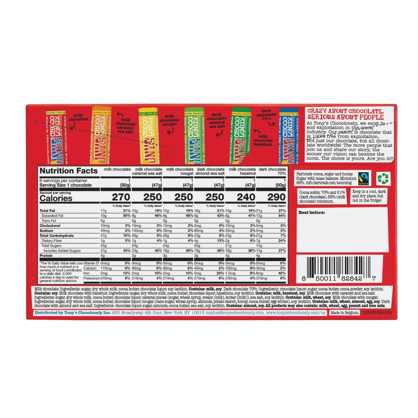 Chocolate Bar Variety Pack - Milk, Dark, Nougat, Caramel, Hazelnut, Almond & Sea Salt - 6 Individually Packed Bars