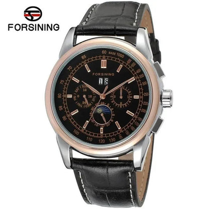 Forsining Moon Phase Shanghai Movement Rose Gold Case Brown Bracelet en cuir véritable Montres pour hommes Top Brand Luxury Auotmatic Watch