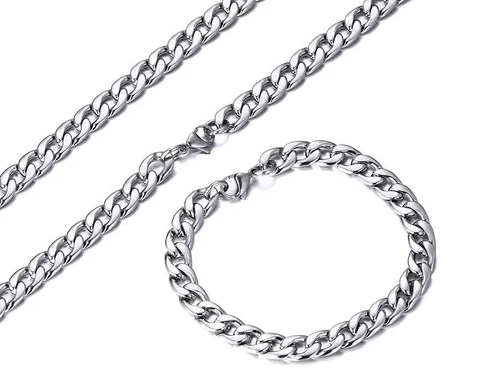 24''+8.5'' Silver stainless steel curb chain necklace and bracelet jewelry set for Mens