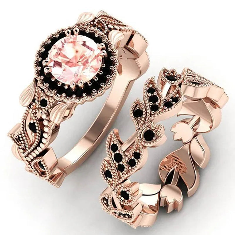 2 Pieces/Set of Exquisite Fashion Ideas Flowers Ring Black Zircon Ring Flower Vine Ladies Ring Jewelry Wedding Ring Princess Proposal Ring Anniversary Gift (Size: 5-11)