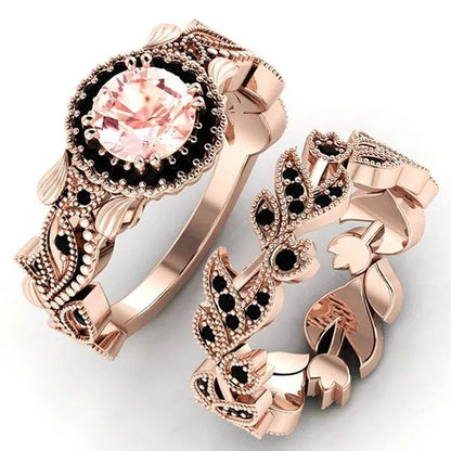 2 Pieces/Set of Exquisite Fashion Ideas Flowers Ring Black Zircon Ring Flower Vine Ladies Ring Jewelry Wedding Ring Princess Proposal Ring Anniversary Gift (Size: 5-11)