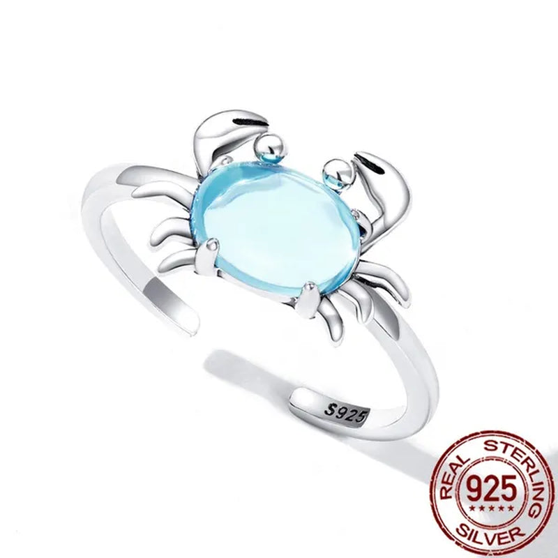 925 Sterling Silver Cute Crab Open Ring in Sterling Silver Delicate Blue Zircon Ring for Women Fashion Jewelry
