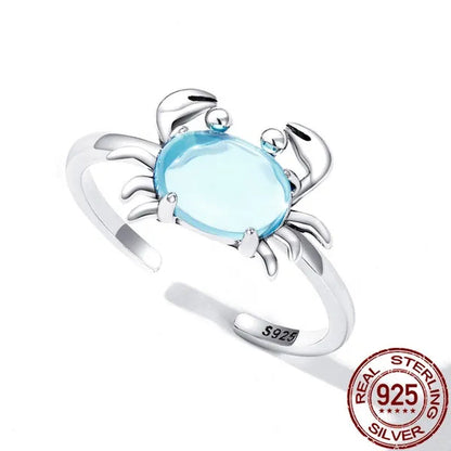 925 Sterling Silver Cute Crab Open Ring in Sterling Silver Delicate Blue Zircon Ring for Women Fashion Jewelry