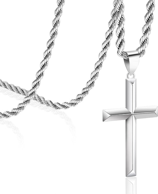 925 Sterling Silver Cross Necklace for Men with 3.5Mm Stainless Steel Twist Clasp Rope Chain Necklace Beveled Edge Cross Pendant Necklace for Men Women 16-28 Inches