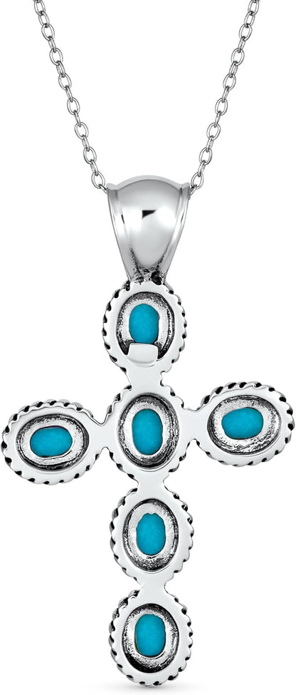 South Western Style Stabilized Turquoise Rope Bezel Set Cross Pendant Necklace for Women .925 Sterling Silver More Colors