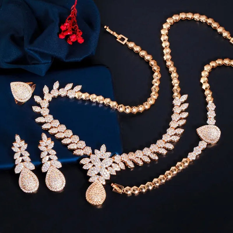 CANDICE High Quality Full Micro CZ Stone Pave Pear Water Drop Pendant Necklace&Earrings&Bracelet&Ring for Wedding Luxury Statement 4Pcs Jewelry Set