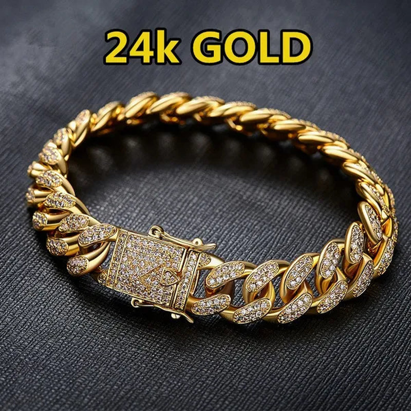 2018 Fashion Mens Womens Chain Hiphop Iced Out Curb Cuban Diamond 18K Gold / 24K Gold / 925 Silver Plated Bracelet Paved Clear Rhinestones