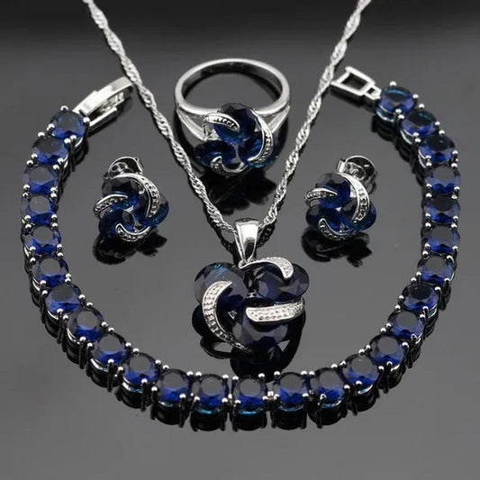 Delightful 925 Sliver Jewelry Sets Blue Zircon Necklace Pendant Earring Ring Bracelet for Women Dating Gift