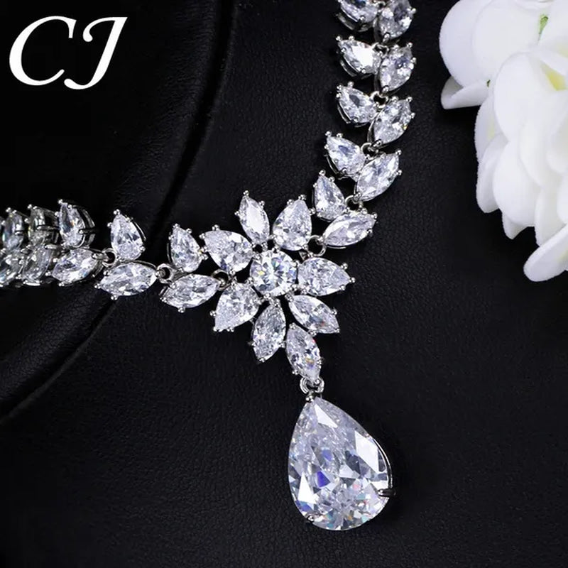 CANDICE Hand-Inlay Sparkling AAA+ CZ Stone Luxury Wedding Bridal Jewelry Set Classic Platinum Plated Water Drop Pendant Necklace Earrings for Women Party