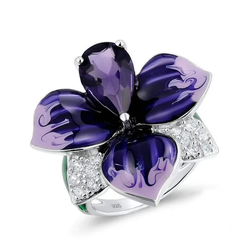 New Fashion Butterfly Flower Ring Jewelry Women 9Natural Gemstone Amethyst  Ring Anniversary Christmas Gift Bridal Engagement Wedding Ring Size US5-11