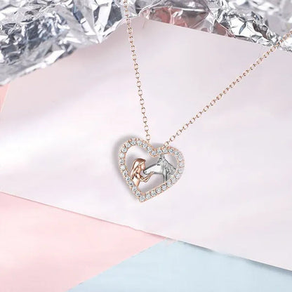 Exquisite Fashion Women's Creative Girl and Horse Necklace Heart Diamond Pendant Necklace Women's Animal Jewelry Accessories Birthday Anniversary Gift