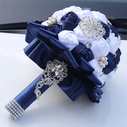 20CM Navy Blue & White Silk Rose Wedding Bouquet Pearl Rhinestone Brooch Bridal Bouquet Ribbon Artificial Flower Creative Holding Flowers