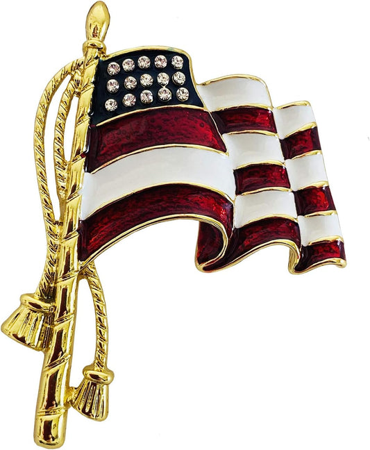 Enamel Waving American Flag Pin/Brooch, Approx. 2", Pin Back with Safety Lock. Gold-Plate with Red and Blue Enamel Stripes and Diamond-Like Crystal Stars on Blue Background.