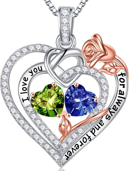 Rose Heart Necklaces Gifts for Her - 925 Sterling Silver Rose Heart Birthstone Necklace Anniversary Birthday Gifts Jewelry Valentines Mothers Day Gifts for Women Wife Girlfriend Mom