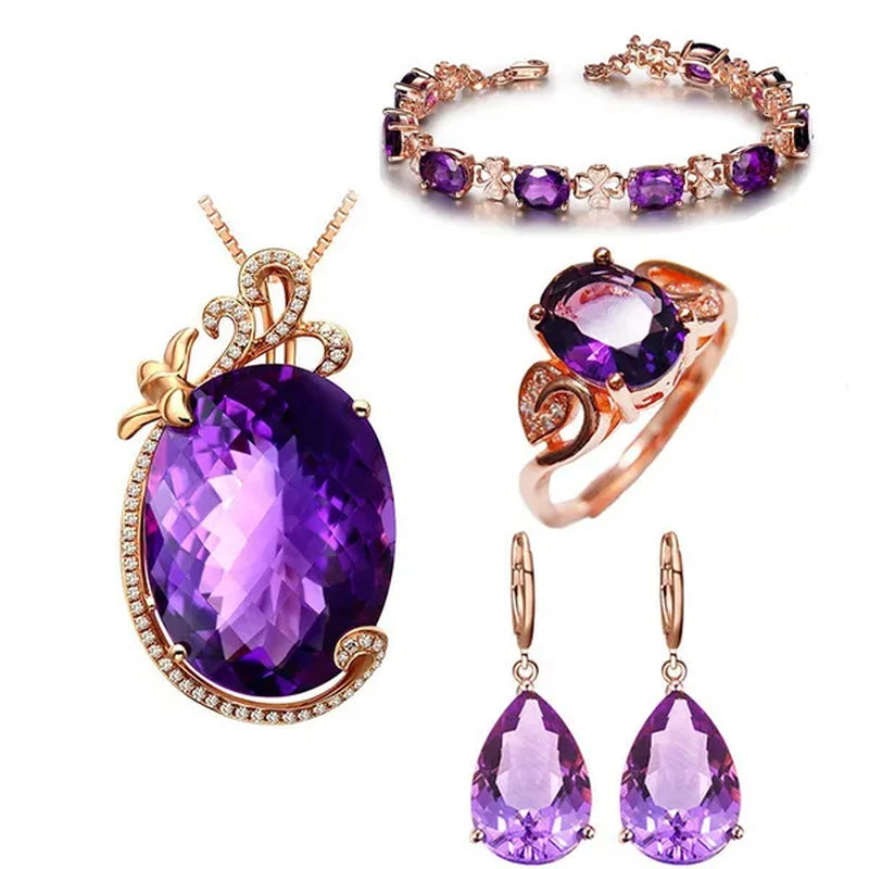 Fashion Amethyst Flower Pendant Necklace Water Drop Cubic Ziconia Earrings Four Leaf Clover Bracelet Double Heart Open-End Ring Jewelry Set For Women Gift