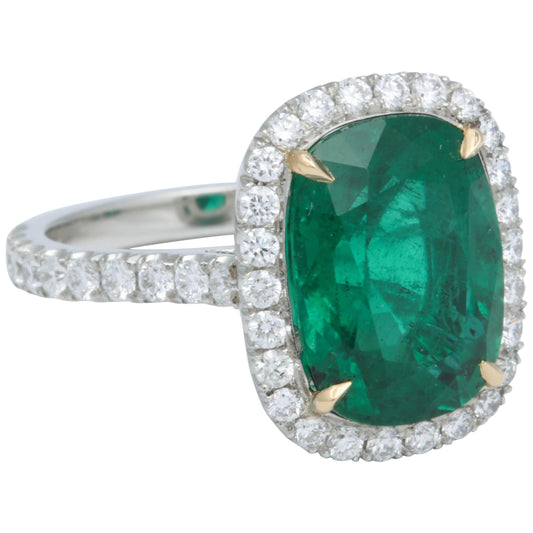 GIA Certified 5 Carat Green Emerald Cushion Cut Diamond Halo Ring