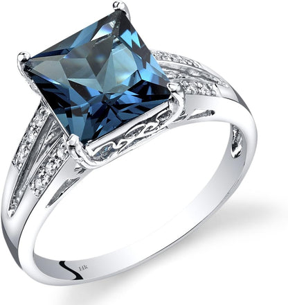 14K White Gold London Blue Topaz and Diamond Ring for Women, 3 Carats Princess Cut 8Mm, Elegant Cathedral Design, Natural Gemstone, Size 7, December Birthstone Ring,