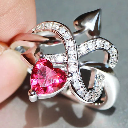 Eros Ring  Silver Natural Gemstones White Sapphire & Ruby Wedding Birthstone Bride Engagement Multilevel Heart Cross Ring Jewelry Size 6 7 8 9 10