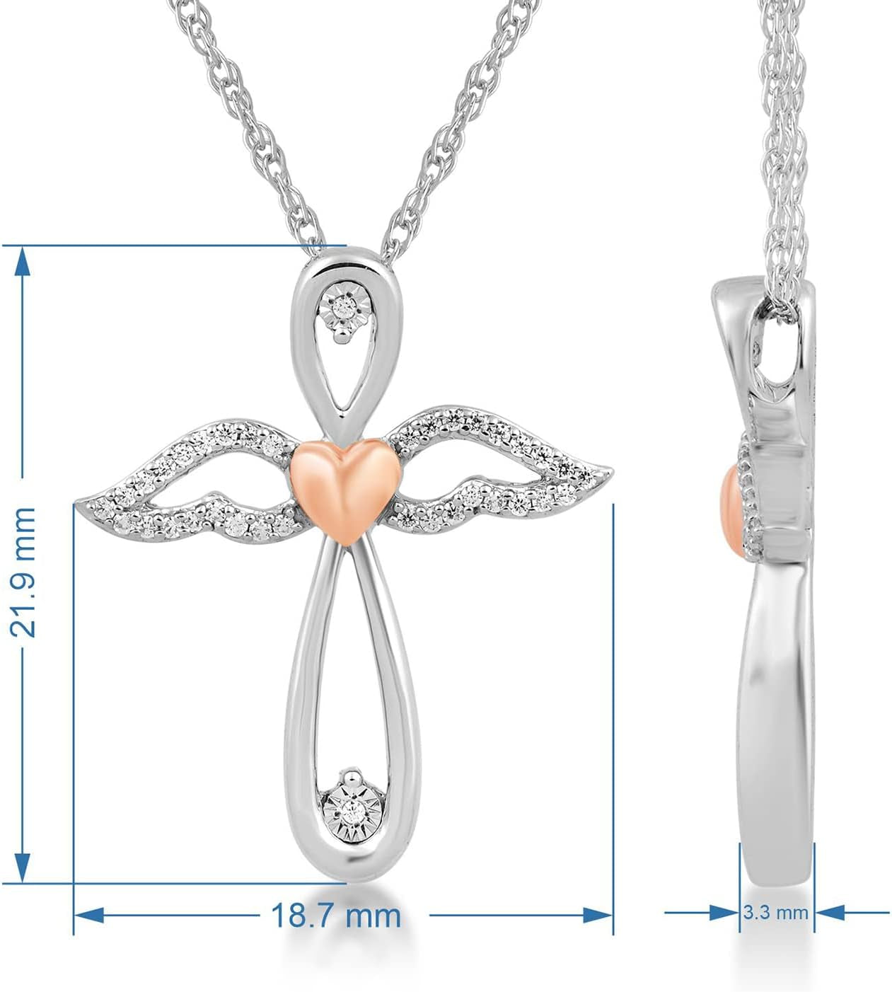 14K Rose Gold over Sterling Silver 1 Cttw Natural White round Diamonds Angel Wing Cross Pendant Eternal Treasures Necklace, 18" Rope Chain