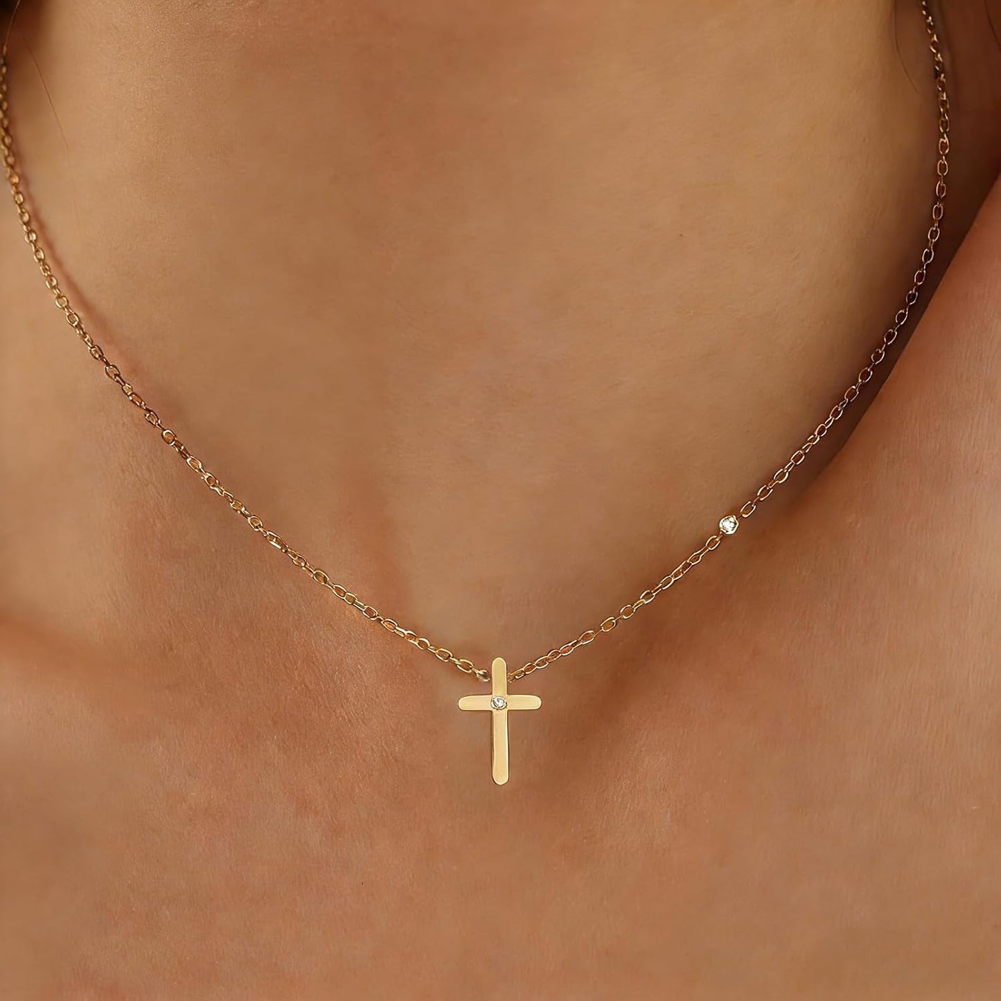 Cross Necklace for Women, Dainty Cute Small 18K Gold Plated Cross Necklace, Trendy Charm Stainless Steel Cubic Zirconia Cross Necklace, Gold Jewelry Gifts for Women(Valentines Day Gifts for Her)