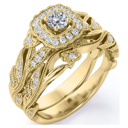 round Diamond - Edwardian Diamond Filigree Ring - Art Deco Style - Wedding Ring Set in 10K Yellow Gold