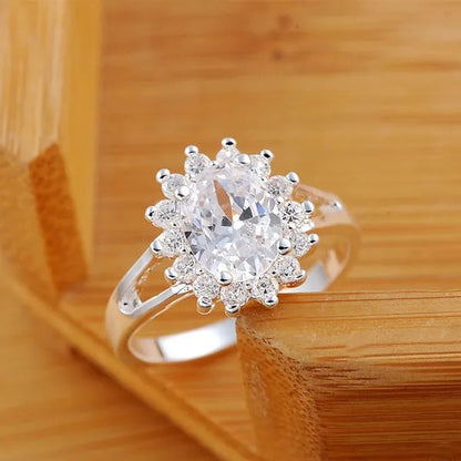 NEW 925 Sterling Silver Shiny Crystal Flower Rings for Women Fashion Wedding Party Gifts Girl Student Charm Jewelry