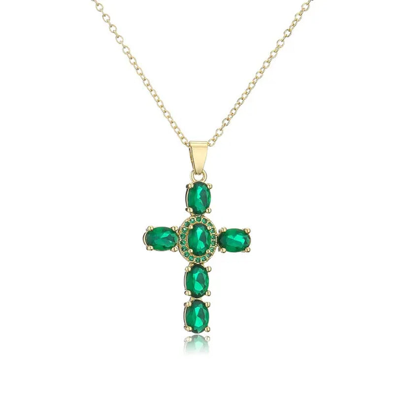 Fashion Jewelry Luxurious Temperament Gold-Plated Sapphire Emerald Ruby Topaz Amethyst Cross Pendant Necklace