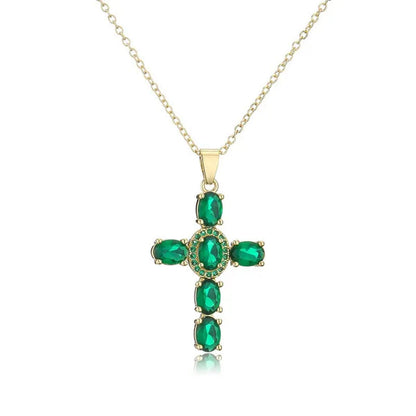 Fashion Jewelry Luxurious Temperament Gold-Plated Sapphire Emerald Ruby Topaz Amethyst Cross Pendant Necklace