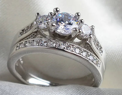 Sz6-9 10kt Wedding&Engagement Ring Bridal set White Gold Filled Three Stone CZ Lady Band