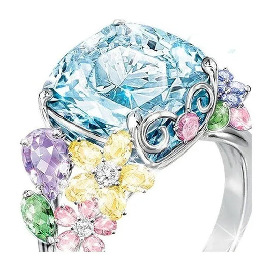 Unique Flower  Silver Multicolor Gemstone Aquamarine Square Princess Ring Woman Engagement Ring Anniversary Statement Natural Gemstones Pink Sapphire Ring