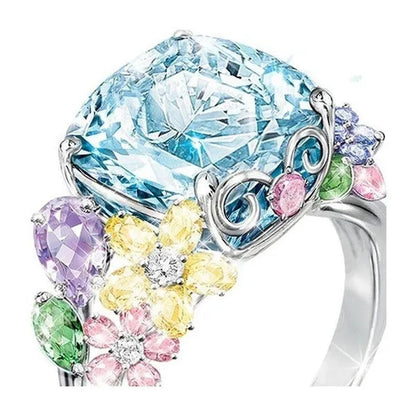 Unique Flower Silver Multicolor Gemstone Aquamarine Square Princess Ring Woman Engagement Ring Anniversary Statement Natural Gemstones Pink Sapphire Ring
