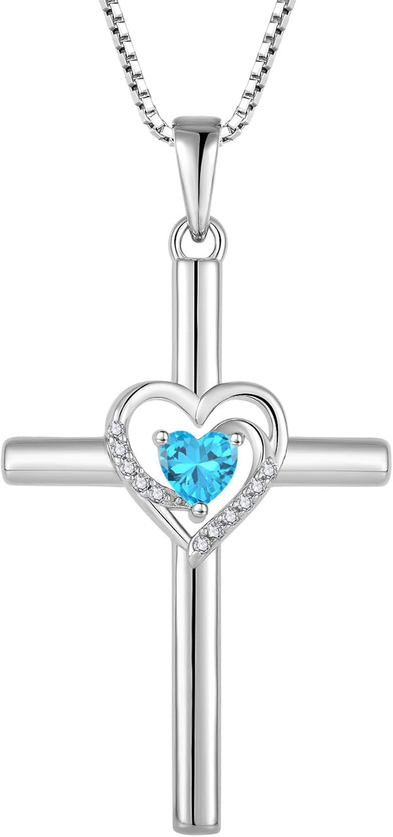 Cross Necklace for Women 925 Sterling Silver Heart Birthstone Pendant Necklace Crucifix Religious Gemstone Jewelry Gift for Women Her Mom Wife Daughter