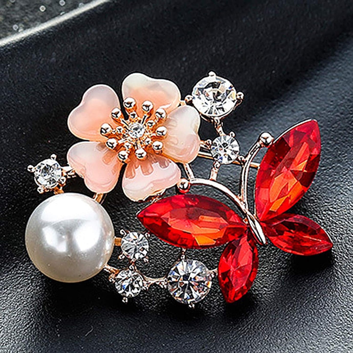 Women Faux Quartz Butterfly Flower Imitation Pearl Brooch Pin Lapel Clip Decoration Festival Birthday Gift- Rose Gold Festival Birthday Gift- Blue